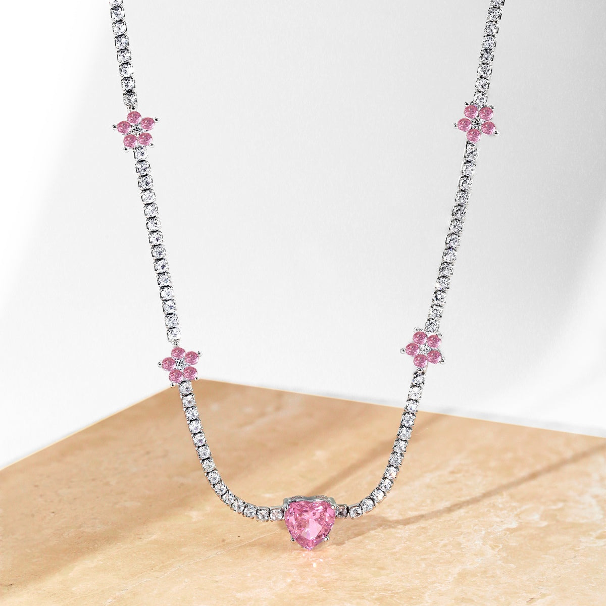 [Kincade Jewelery]Dazzling Pink Heart Flower Necklace
