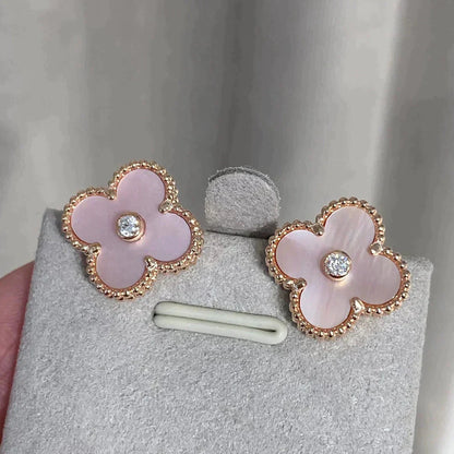 [Kincade Jewelrys]CLOVER MEDIUM 1 MOTIFS  PINK MOP DIAMOND EARRINGS