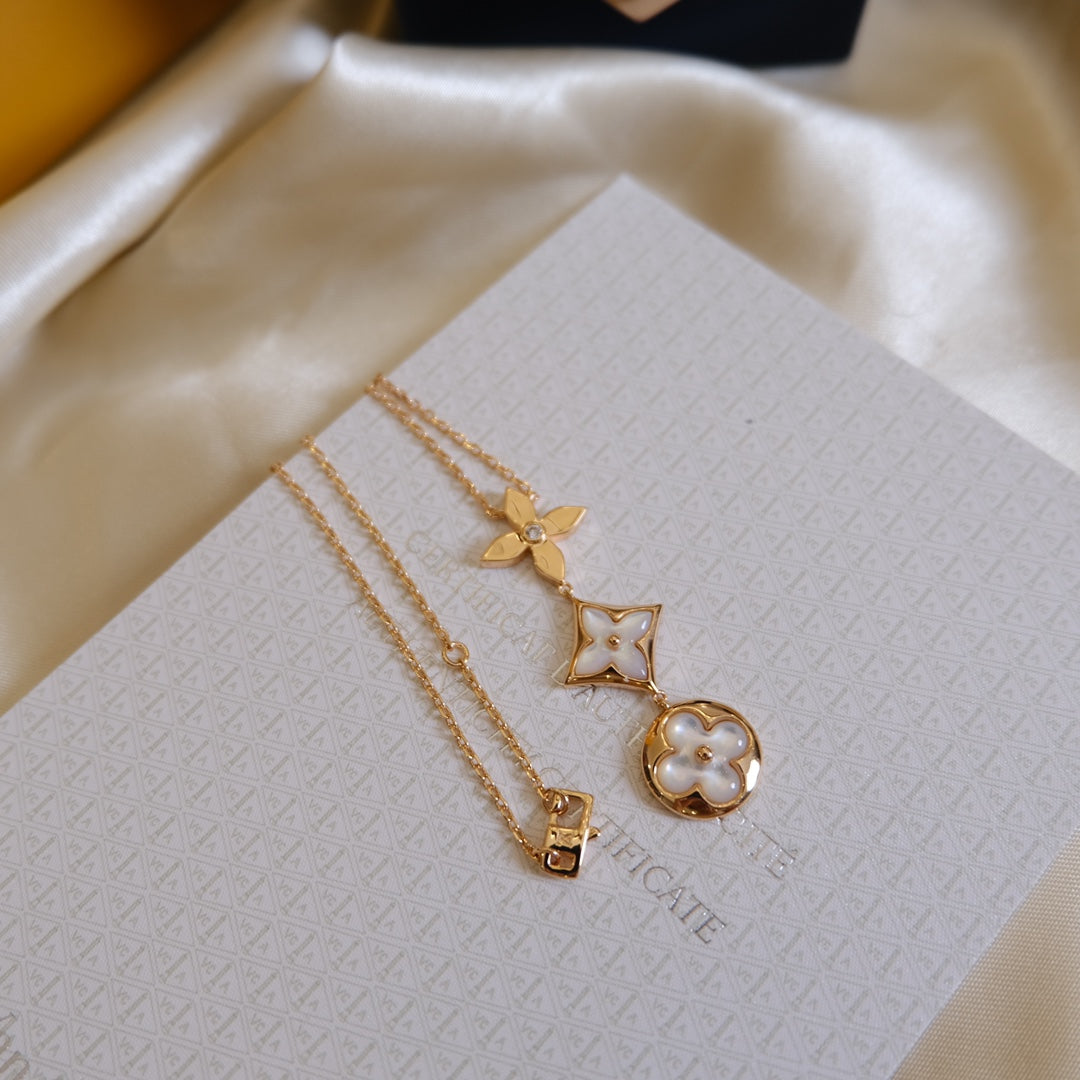 [Kincade Jewelrys]COLOR BLOSSOM LARIAT NECKLACE PINK GOLD WHITE MOTHER PEARL AND DIAMOND