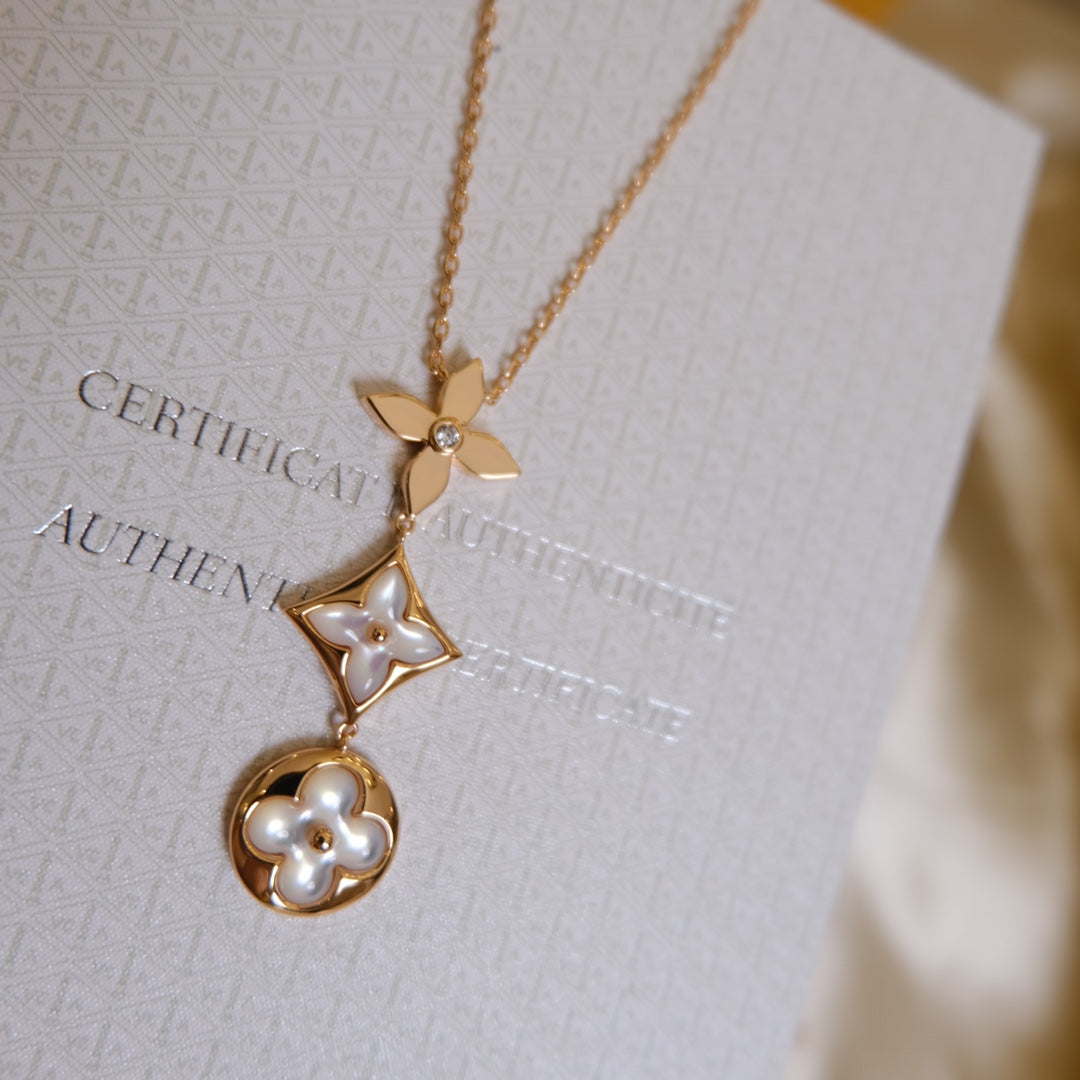 [Kincade Jewelrys]COLOR BLOSSOM LARIAT NECKLACE PINK GOLD WHITE MOTHER PEARL AND DIAMOND