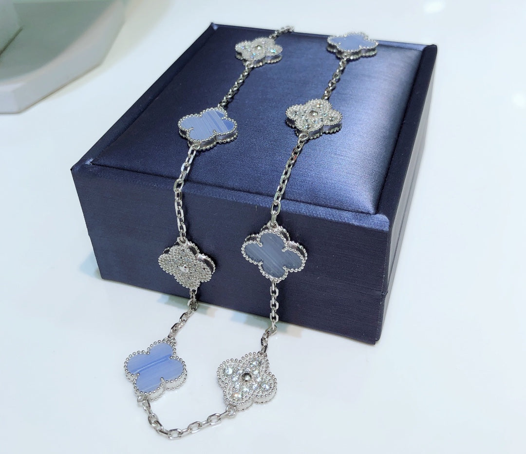 [Kincade Jewelrys]CLOVERS THE 10-MOTIFS CHALCEDONY DIAMONDS SILVER NECKLACE